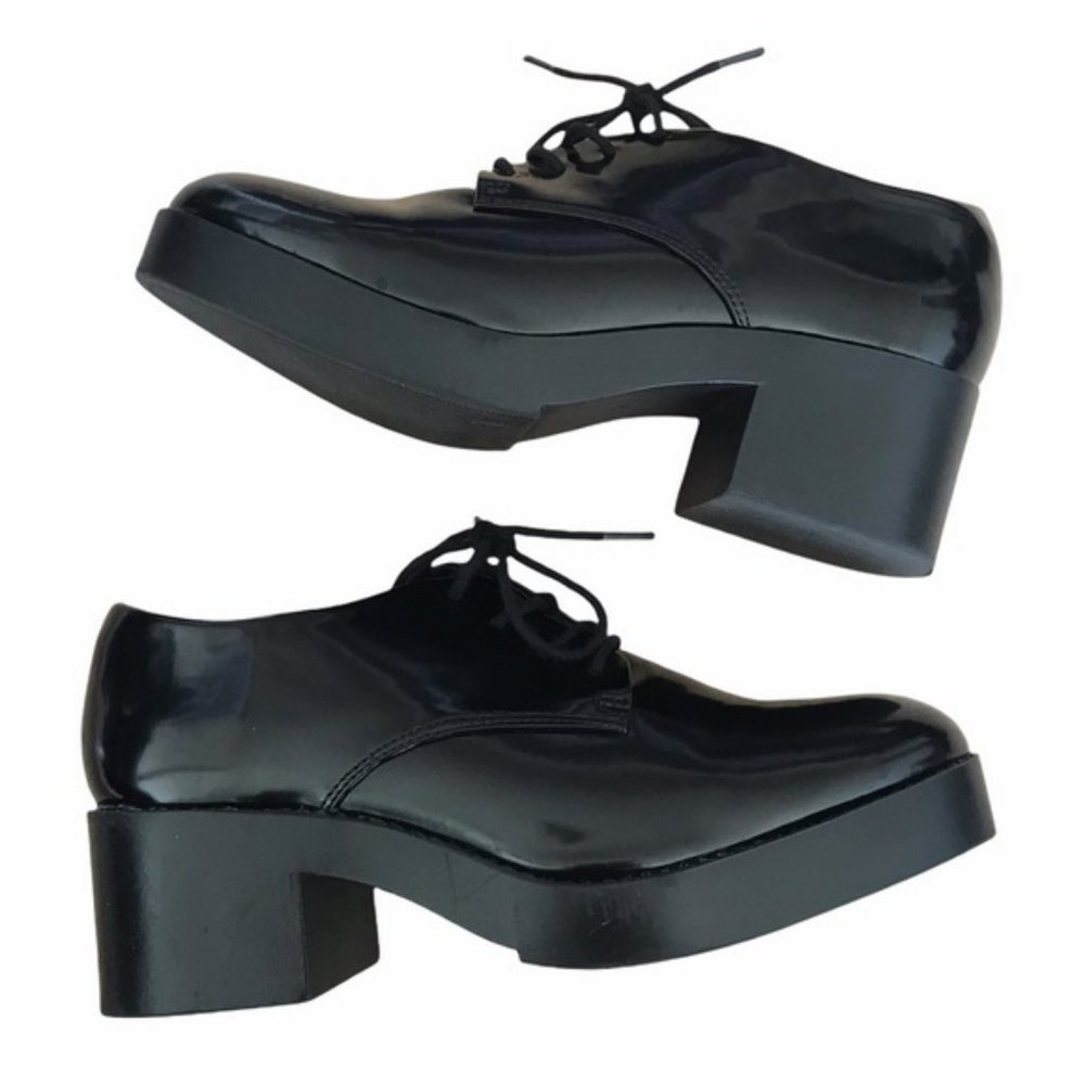 EUC ZARA TRAFALUC BLACK VEGAN PATENT LEATHER BLUCHER LACE UP BLOCK HEEL OXFORDS